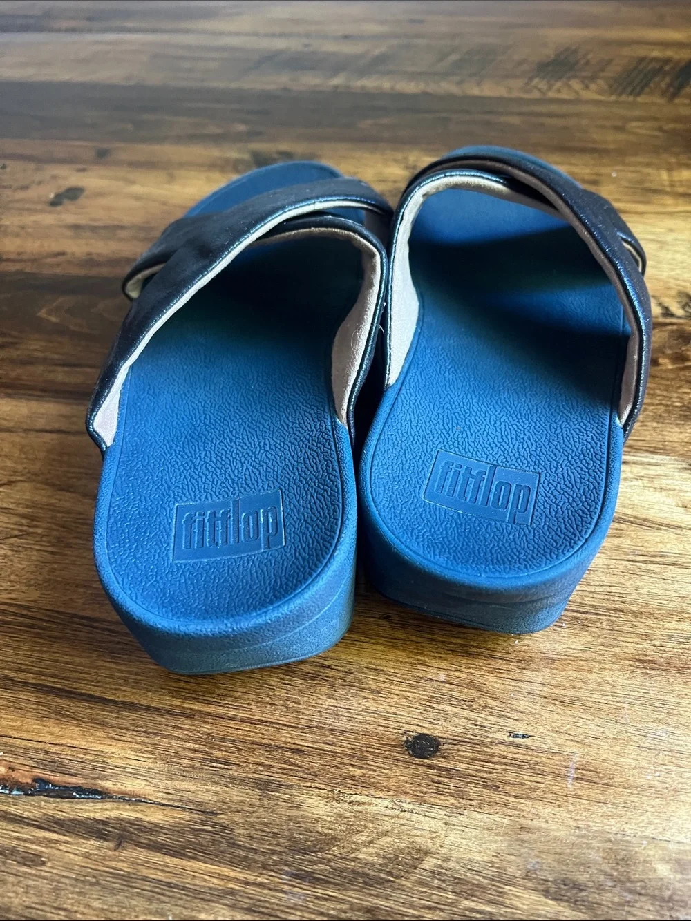Fitflop Lulu Cross Glitz Slide Sandal Navy Sz 9 Comfort Sandal
